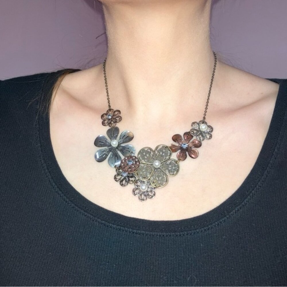 Women’s Bronze & Silver Flower Statement Necklace